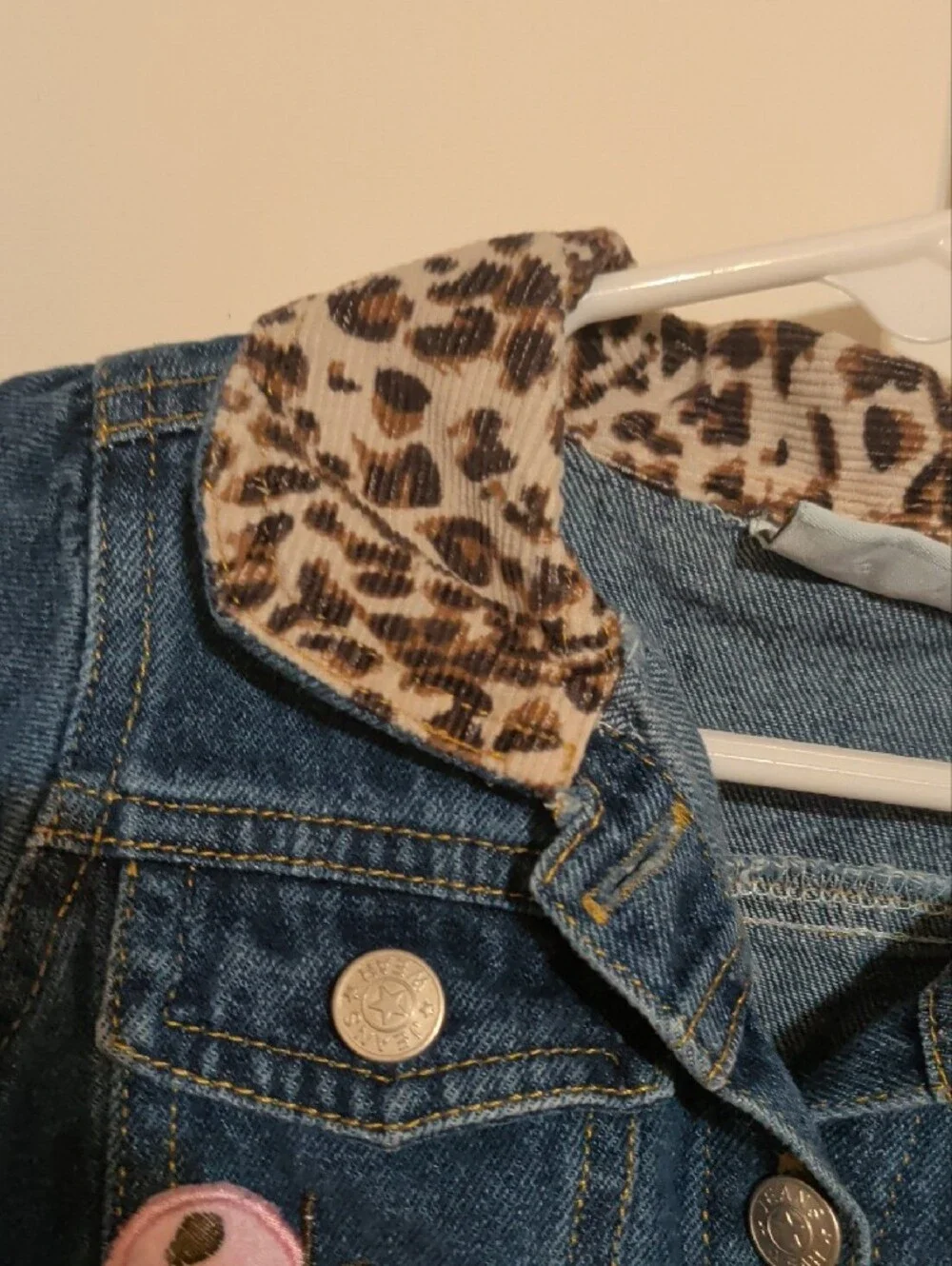Toddler Denim Jacket with Leopard Collar and Kitty Appliqué - Dark Blue